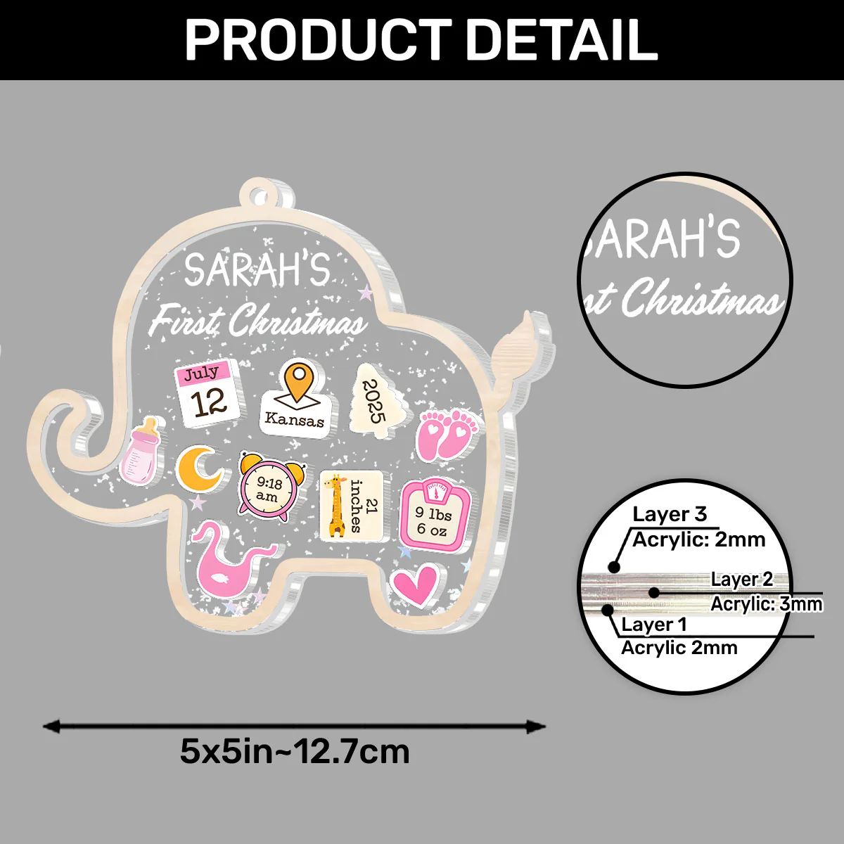 Baby’s First Christmas Elephant Treasure - Personalized 3 Layered Christmas Shaker Ornament - Image 6
