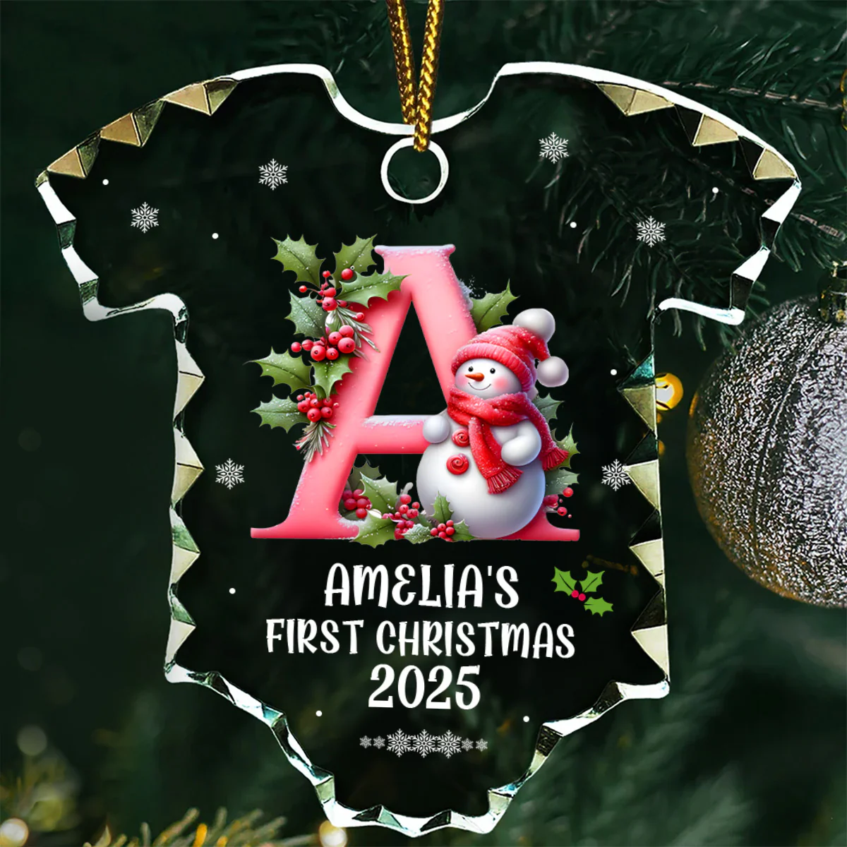Baby's First Christmas Letter Name - Personalized Onesie Shaped Glass Ornament