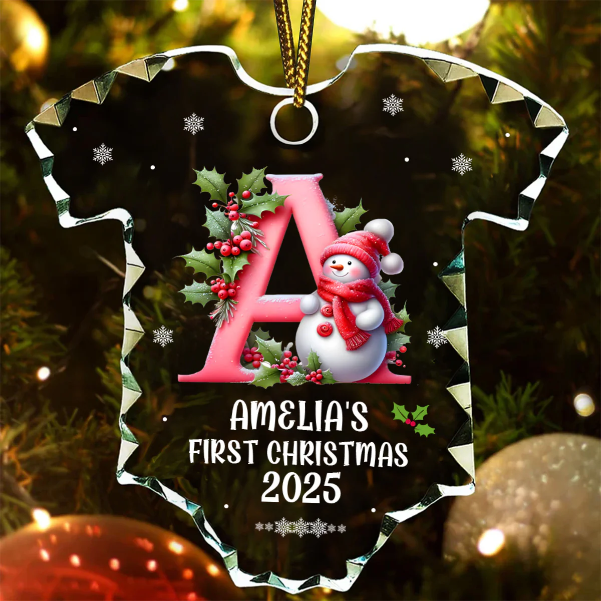 Baby's First Christmas Letter Name - Personalized Onesie Shaped Glass Ornament - Image 3