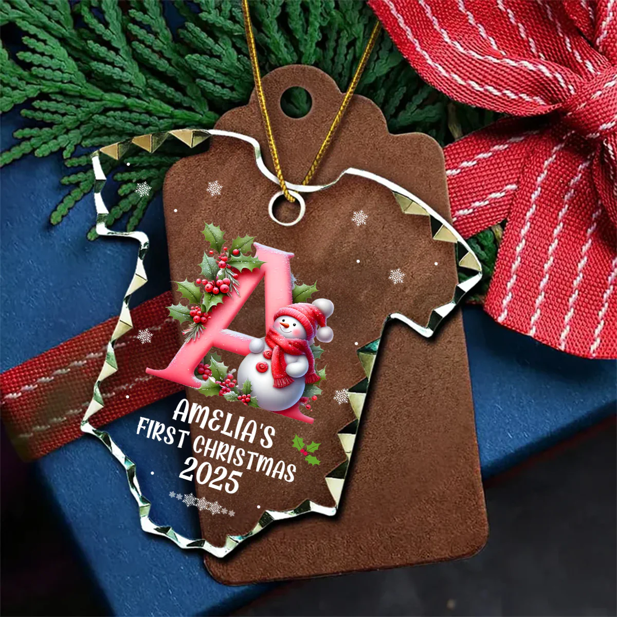 Baby's First Christmas Letter Name - Personalized Onesie Shaped Glass Ornament - Image 6
