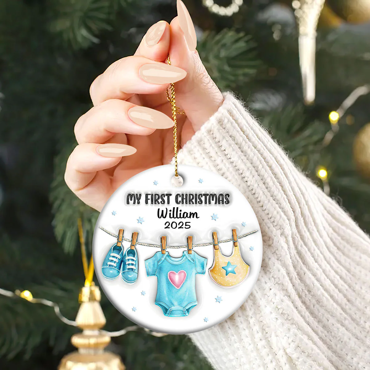 Baby's First Christmas Memory - Personalized Round Shaped Ceramic Ornament - Image 2