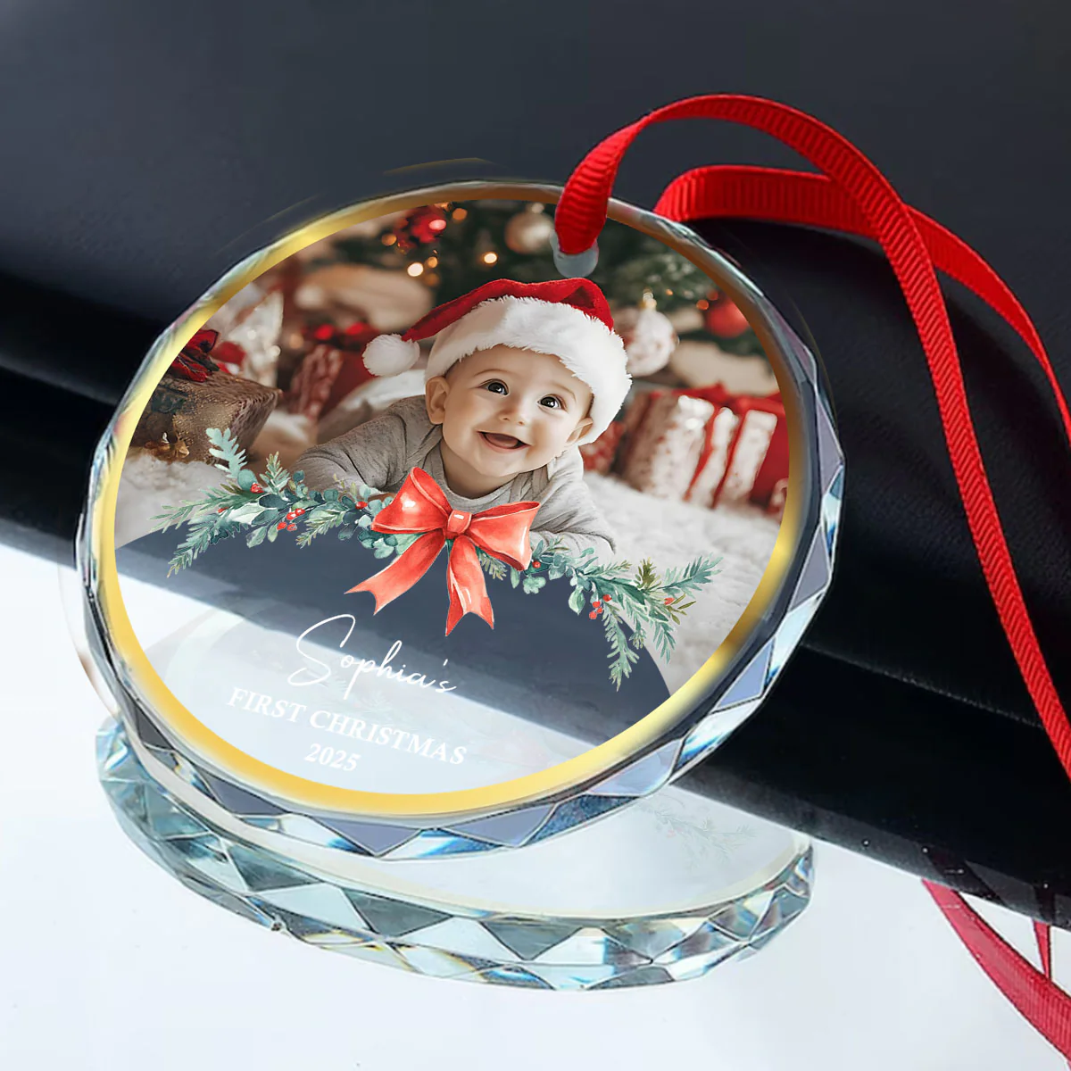 Baby's First Christmas Photo Gift - Personalized Round Shaped Glass Ornament - Image 2