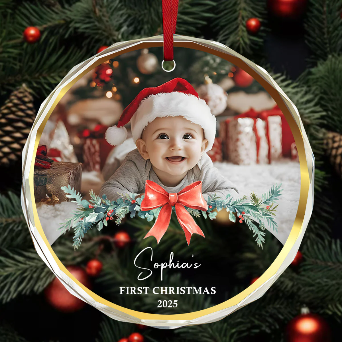 Baby's First Christmas Photo Gift - Personalized Round Shaped Glass Ornament - Image 3