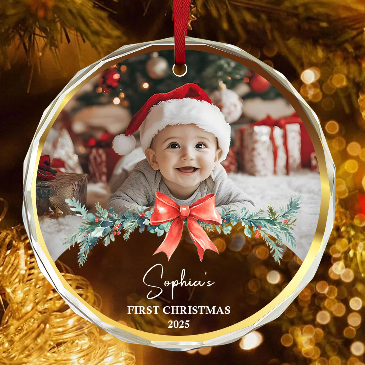 Baby's First Christmas Photo Gift - Personalized Round Shaped Glass Ornament - Image 4