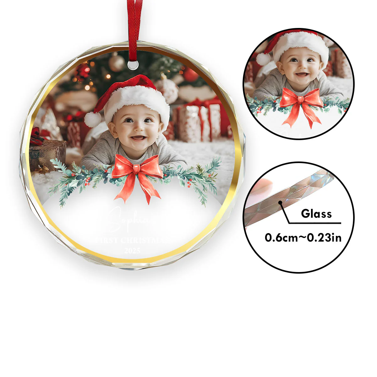 Baby's First Christmas Photo Gift - Personalized Round Shaped Glass Ornament - Image 5