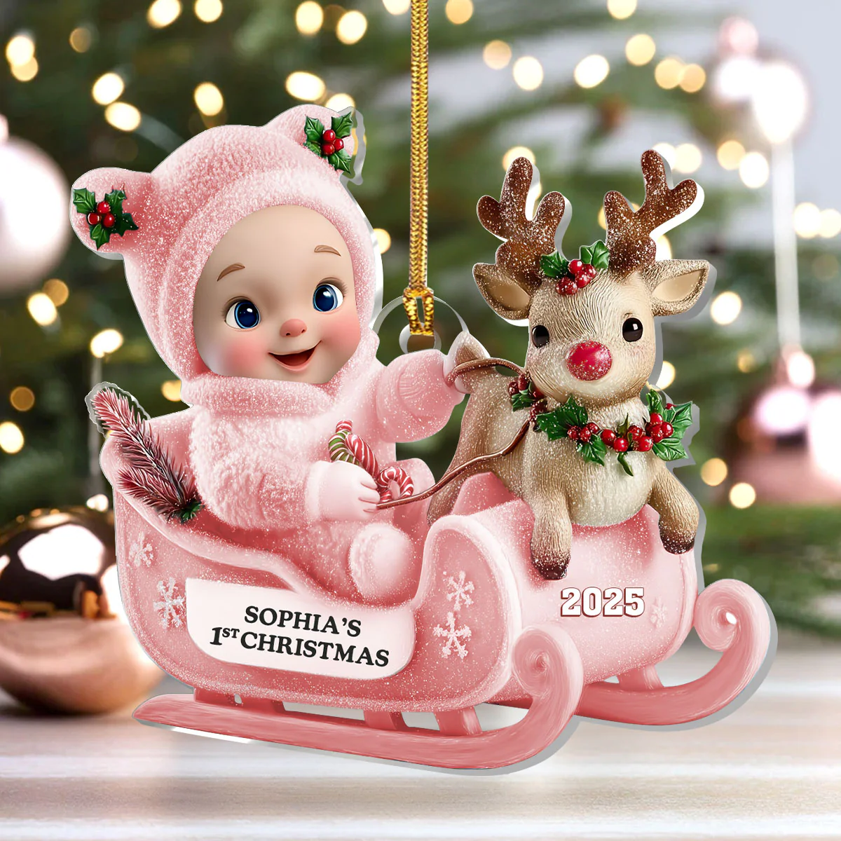 Baby's First Christmas Sleigh - Personalized 1-Layer Acrylic Ornament - Image 4