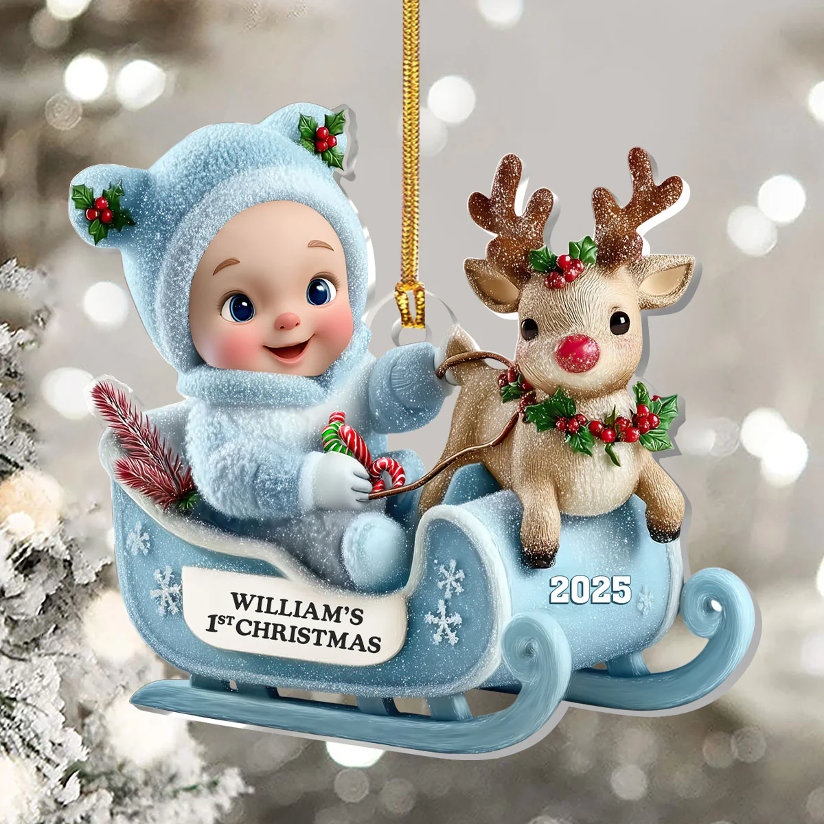 Baby's First Christmas Sleigh - Personalized 1-Layer Acrylic Ornament - Image 5