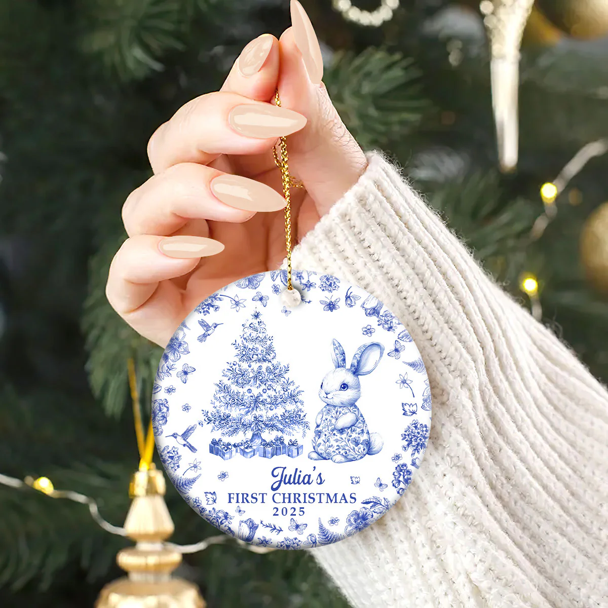 Baby's First Christmas Toile De Jouy - Personalized Round Shaped Ceramic Ornament - Image 2