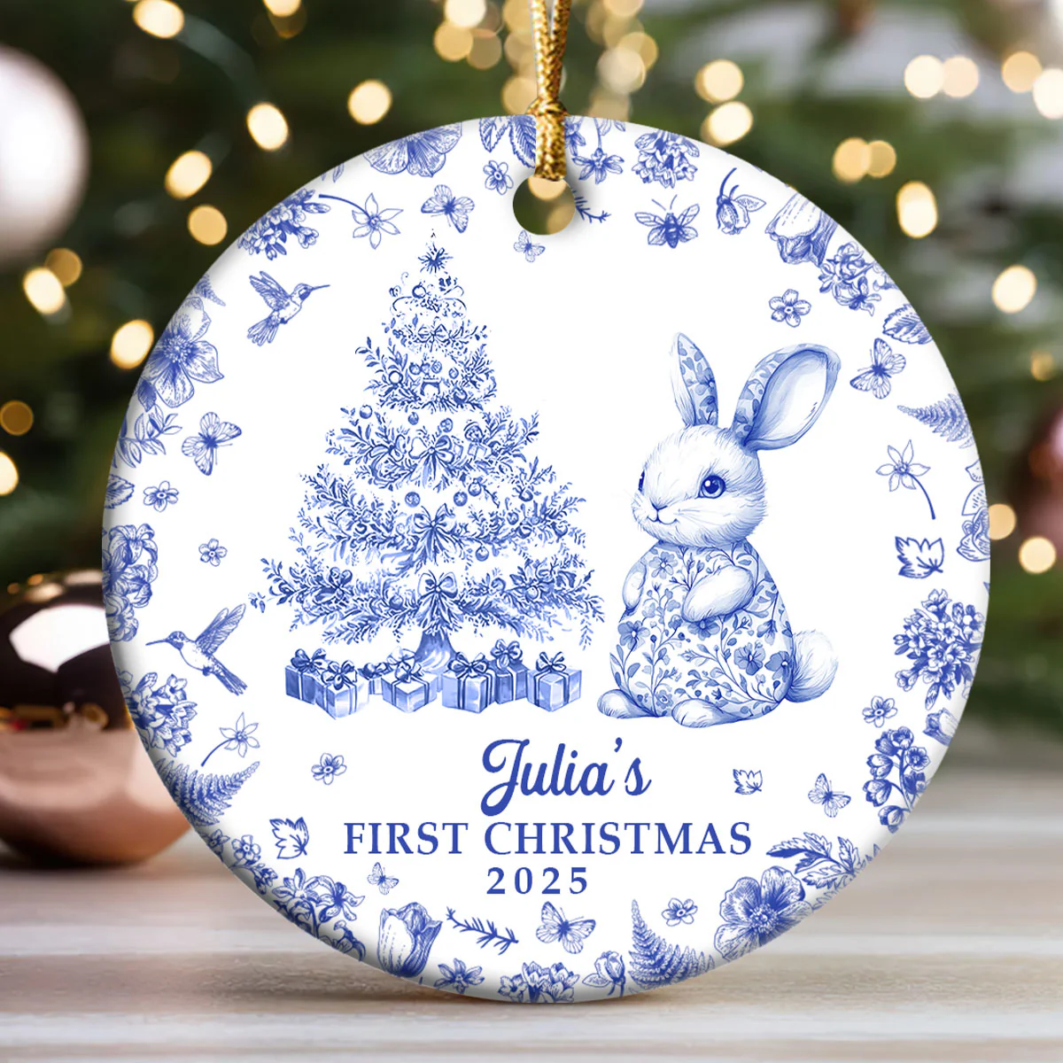 Baby's First Christmas Toile De Jouy - Personalized Round Shaped Ceramic Ornament - Image 3