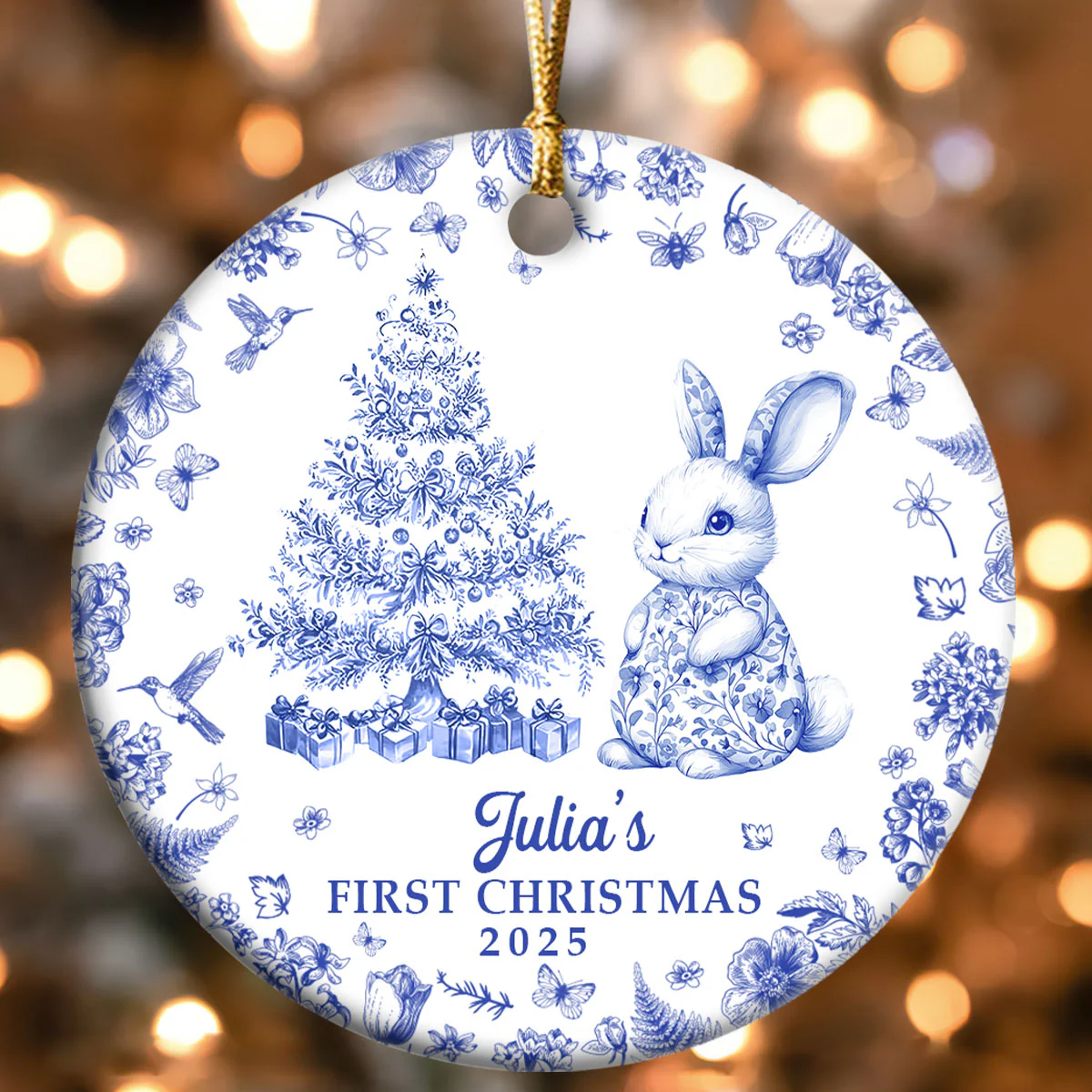 Baby's First Christmas Toile De Jouy - Personalized Round Shaped Ceramic Ornament - Image 4