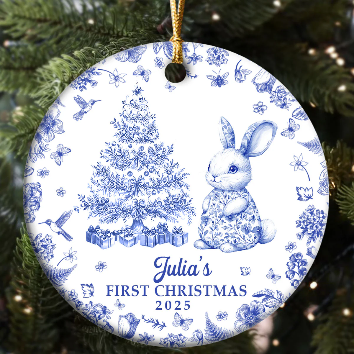 Baby's First Christmas Toile De Jouy - Personalized Round Shaped Ceramic Ornament - Image 5