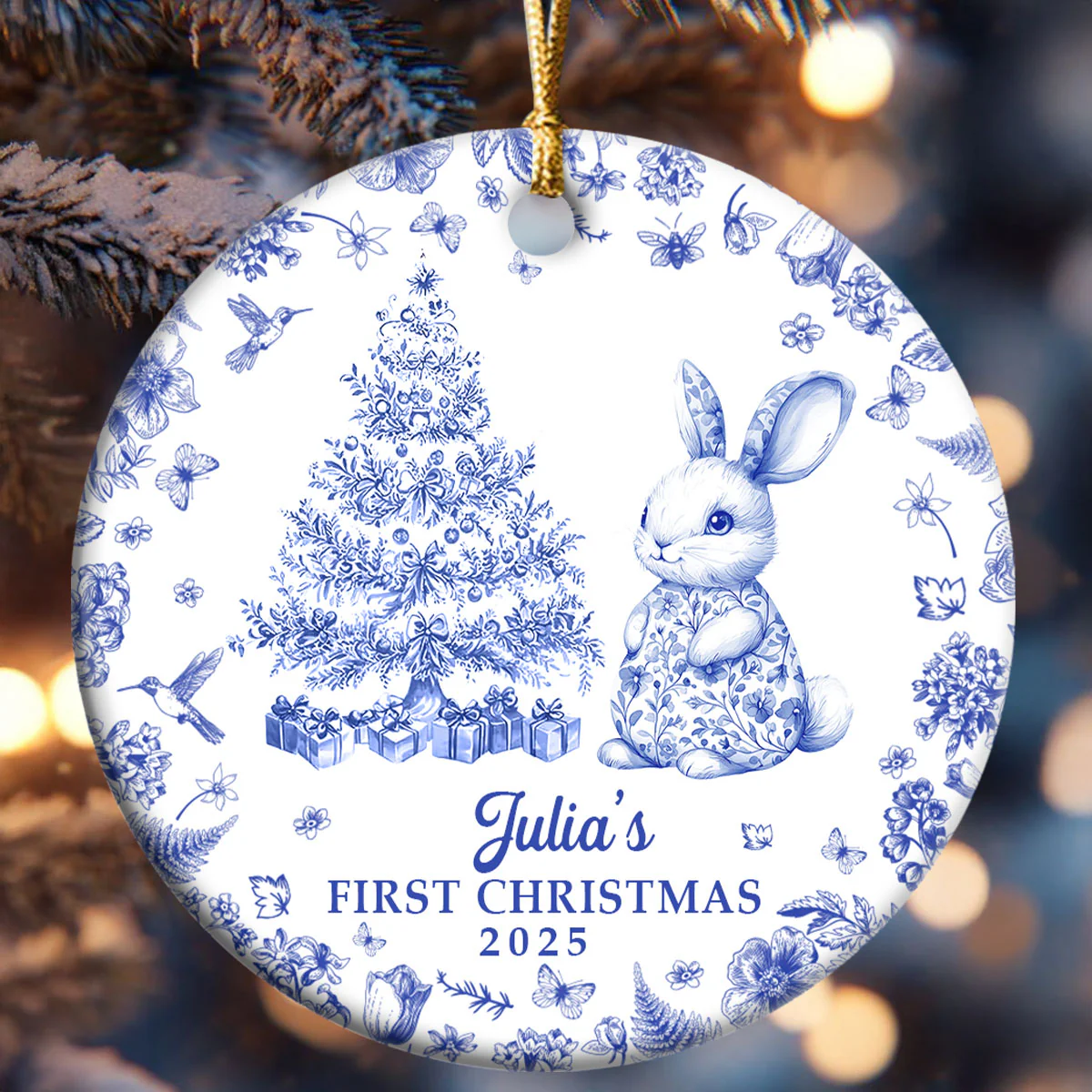 Baby's First Christmas Toile De Jouy - Personalized Round Shaped Ceramic Ornament - Image 6