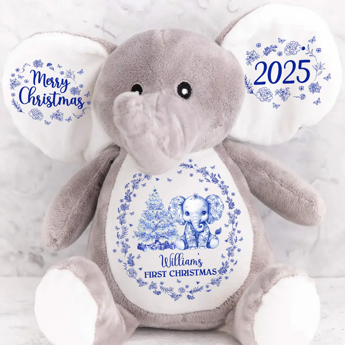 Baby's First Christmas Toile De Jouy - Personalized Stuffed Elephant