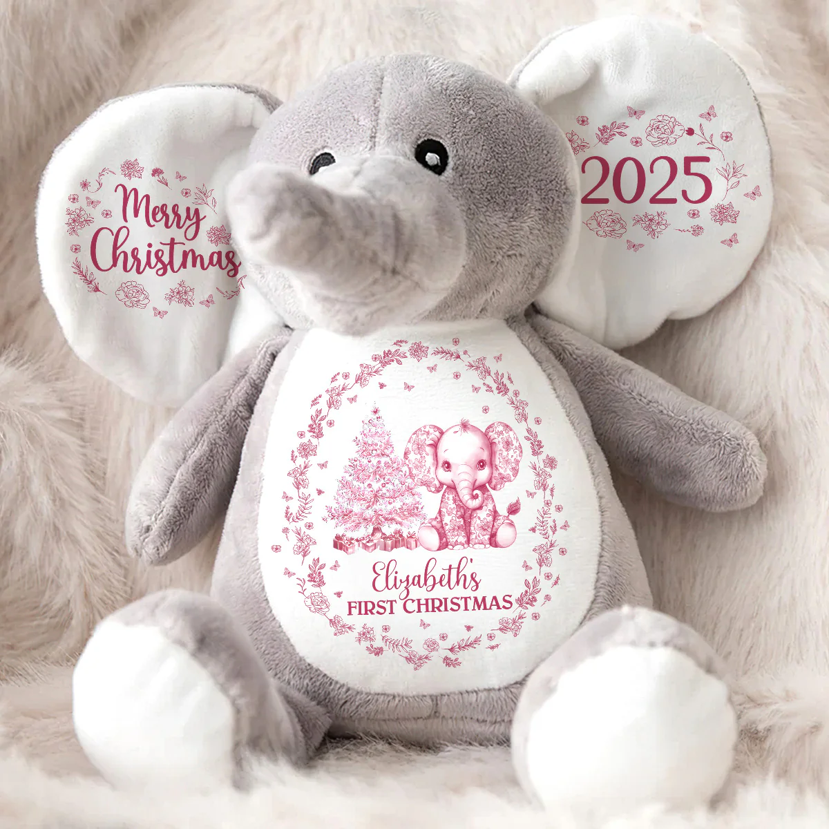 Baby's First Christmas Toile De Jouy - Personalized Stuffed Elephant - Image 2