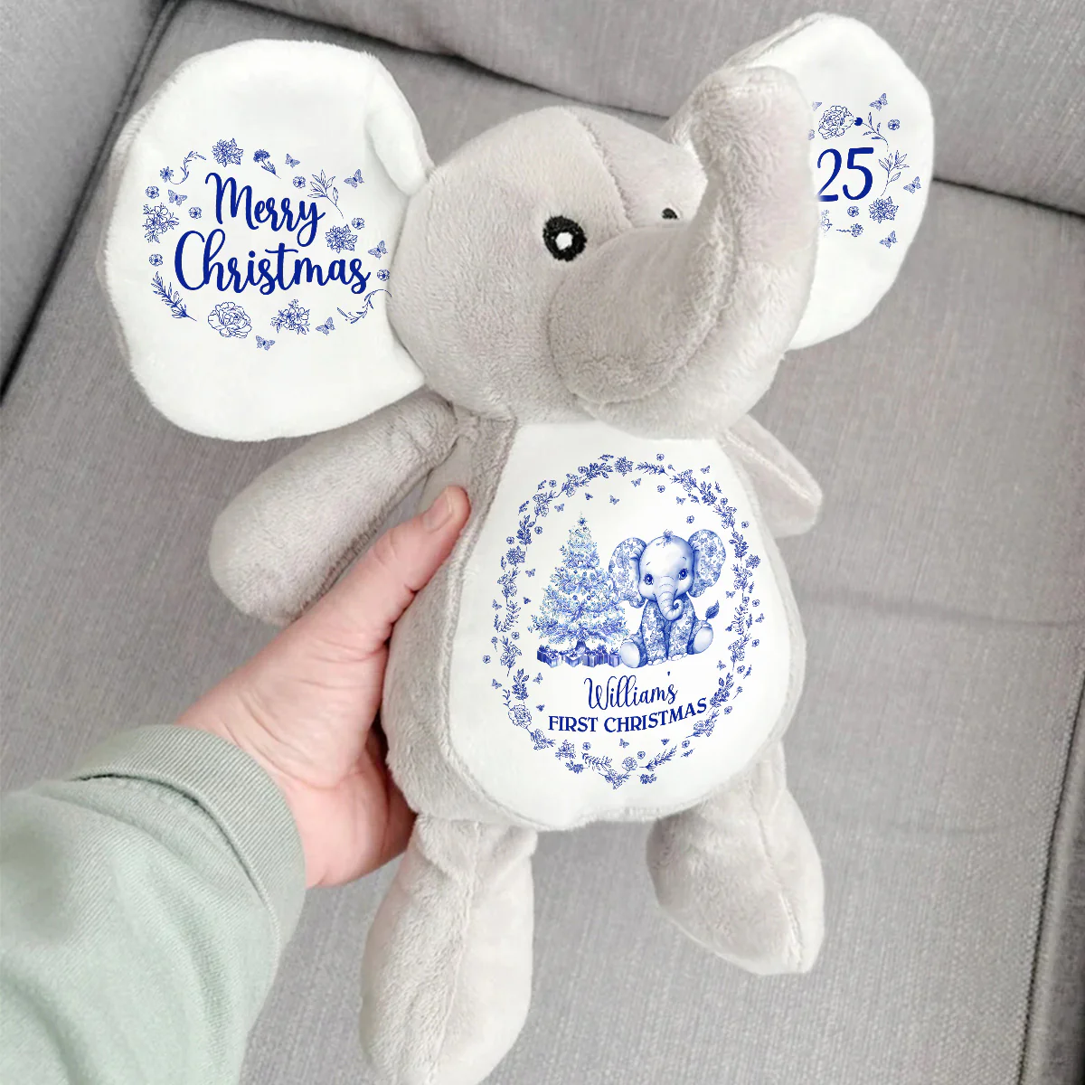 Baby's First Christmas Toile De Jouy - Personalized Stuffed Elephant - Image 3