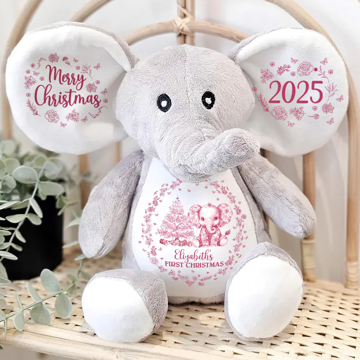 Baby's First Christmas Toile De Jouy - Personalized Stuffed Elephant - Image 4