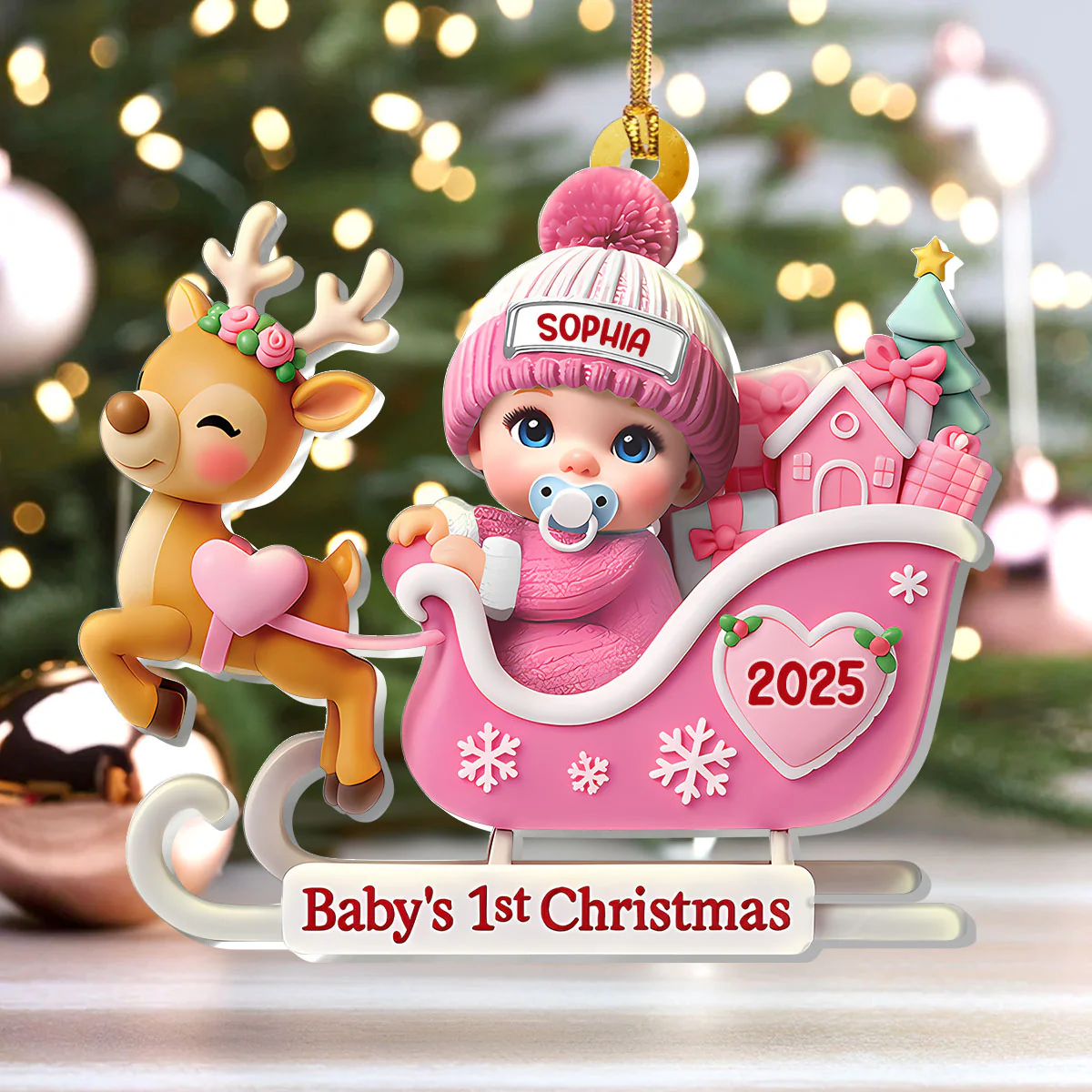 Baby Santa In Sleigh - Personalized 1-Layer Acrylic Ornament - Image 4