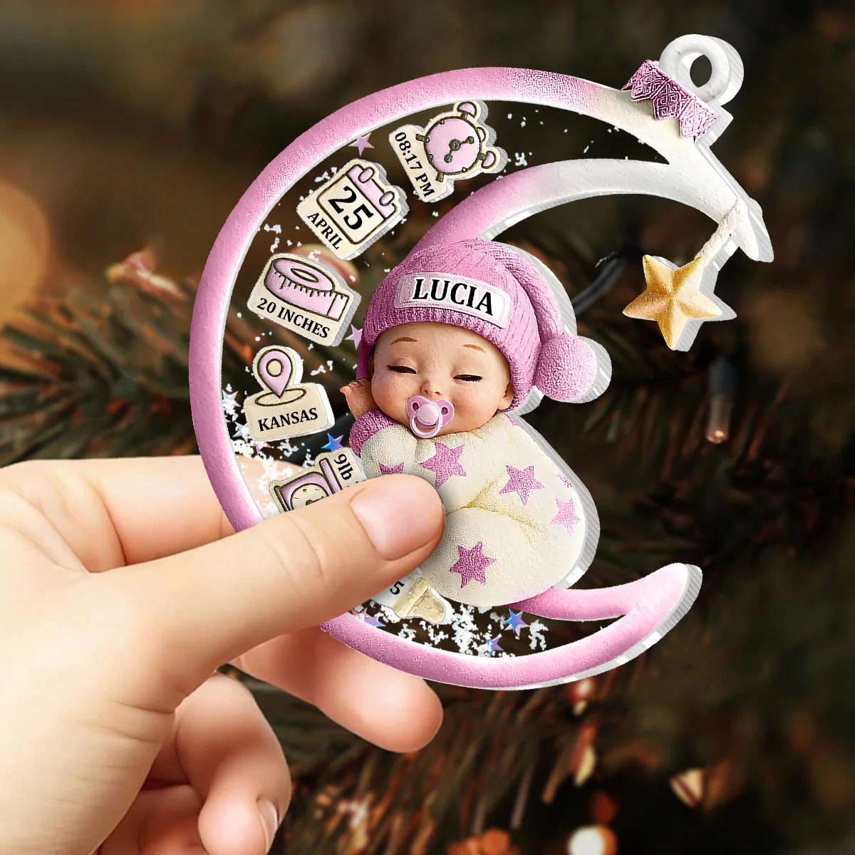 Baby Sleeping On The Moon First Christmas 3D Effect  - Personalized 3 Layered Christmas Shaker Ornament - Image 2