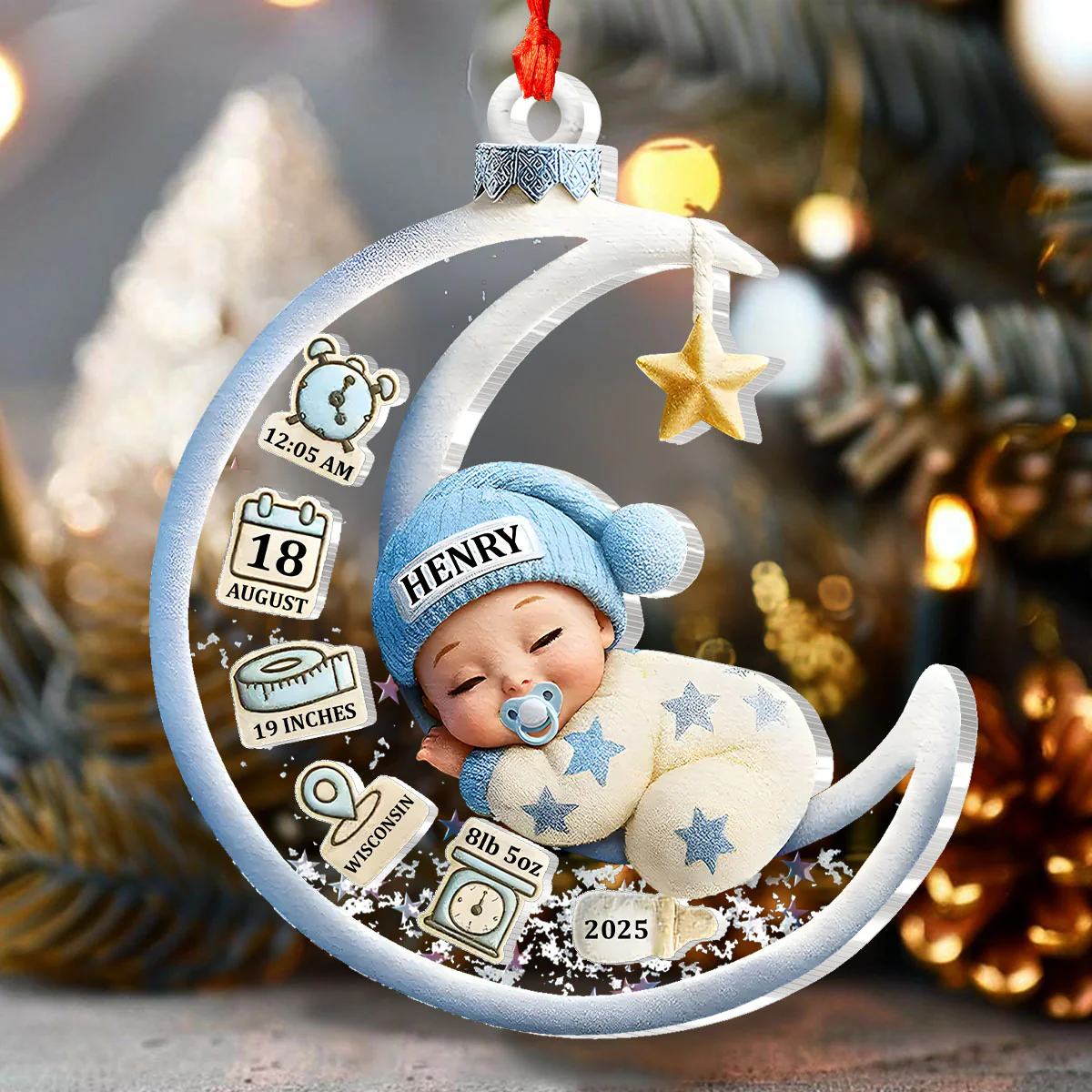Baby Sleeping On The Moon First Christmas 3D Effect  - Personalized 3 Layered Christmas Shaker Ornament - Image 3