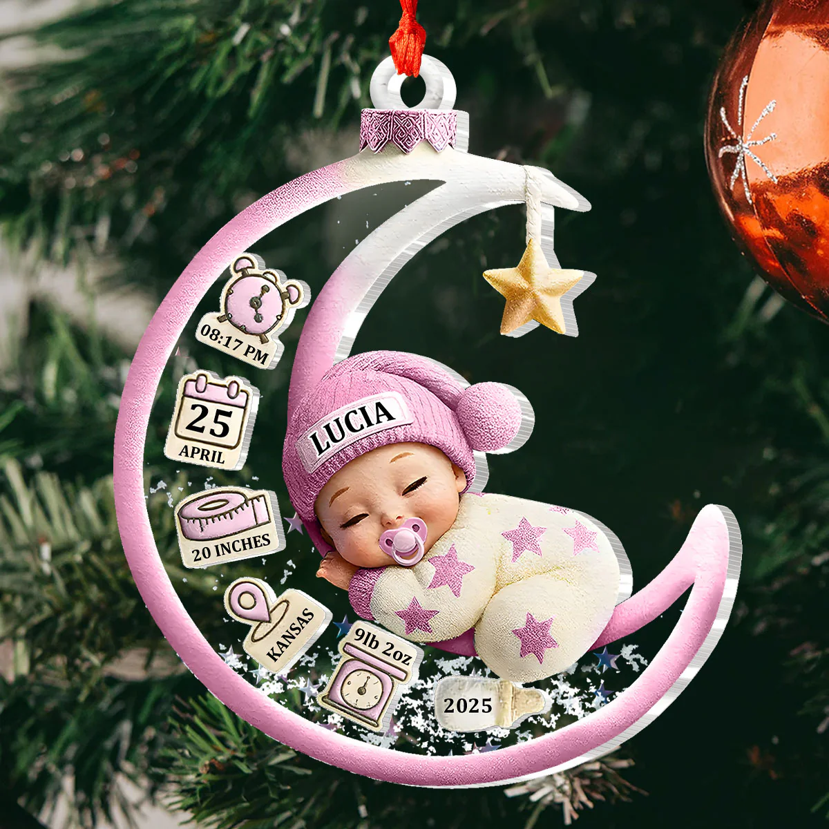 Baby Sleeping On The Moon First Christmas 3D Effect  - Personalized 3 Layered Christmas Shaker Ornament - Image 4