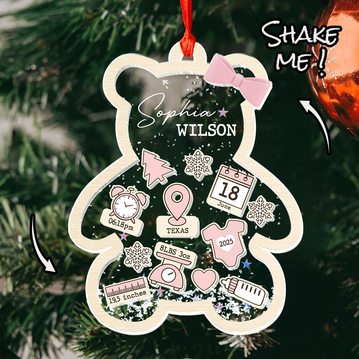 Baby Teddy Bear First Christmas - Personalized 3 Layered Christmas Shaker Ornament - Image 3