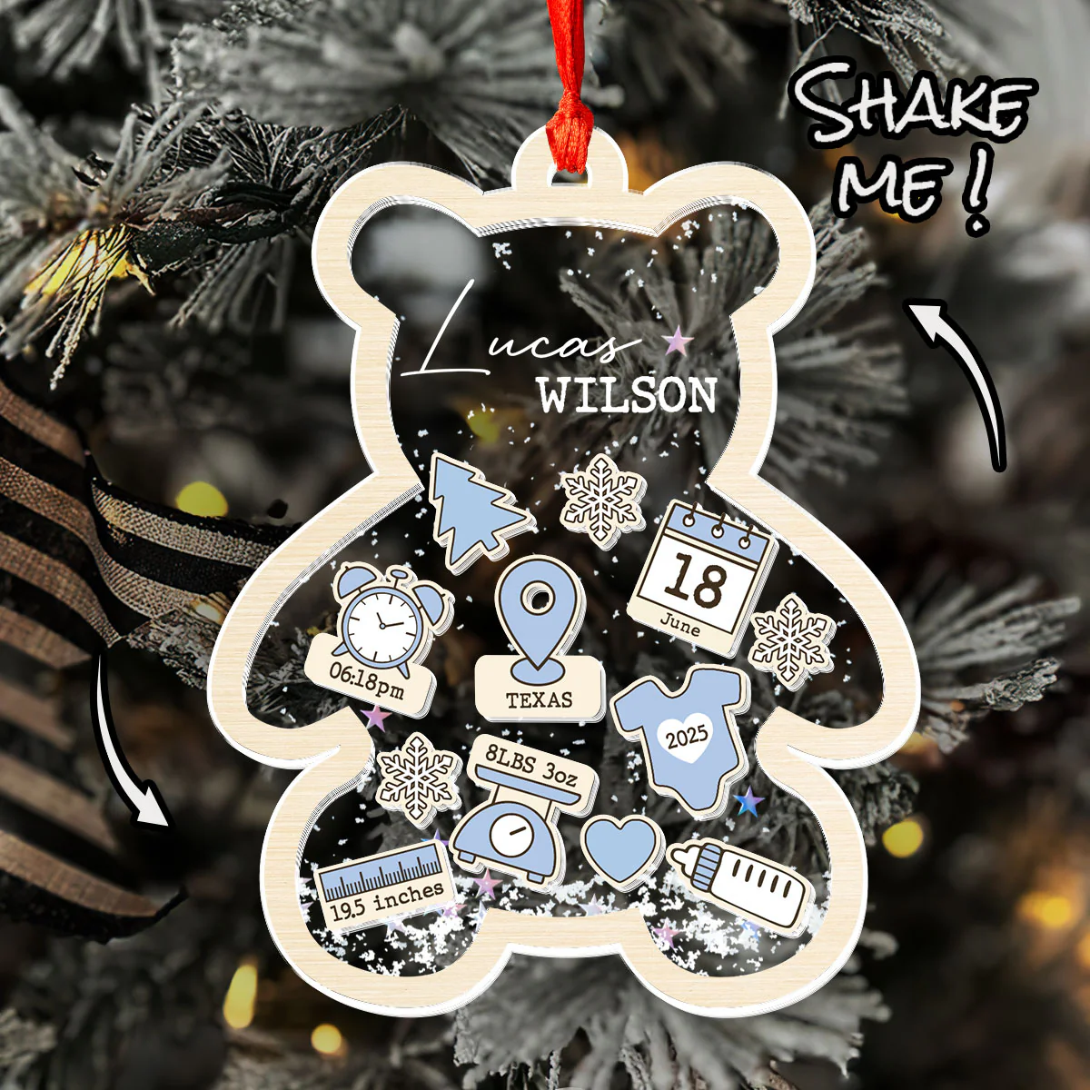 Baby Teddy Bear First Christmas - Personalized 3 Layered Christmas Shaker Ornament - Image 4