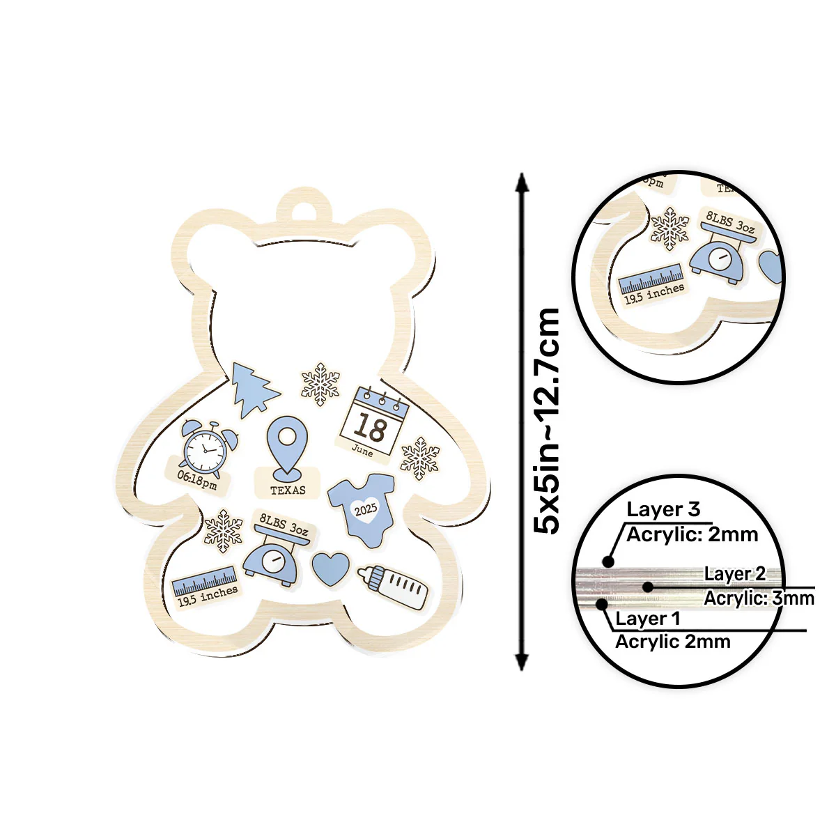 Baby Teddy Bear First Christmas - Personalized 3 Layered Christmas Shaker Ornament - Image 5
