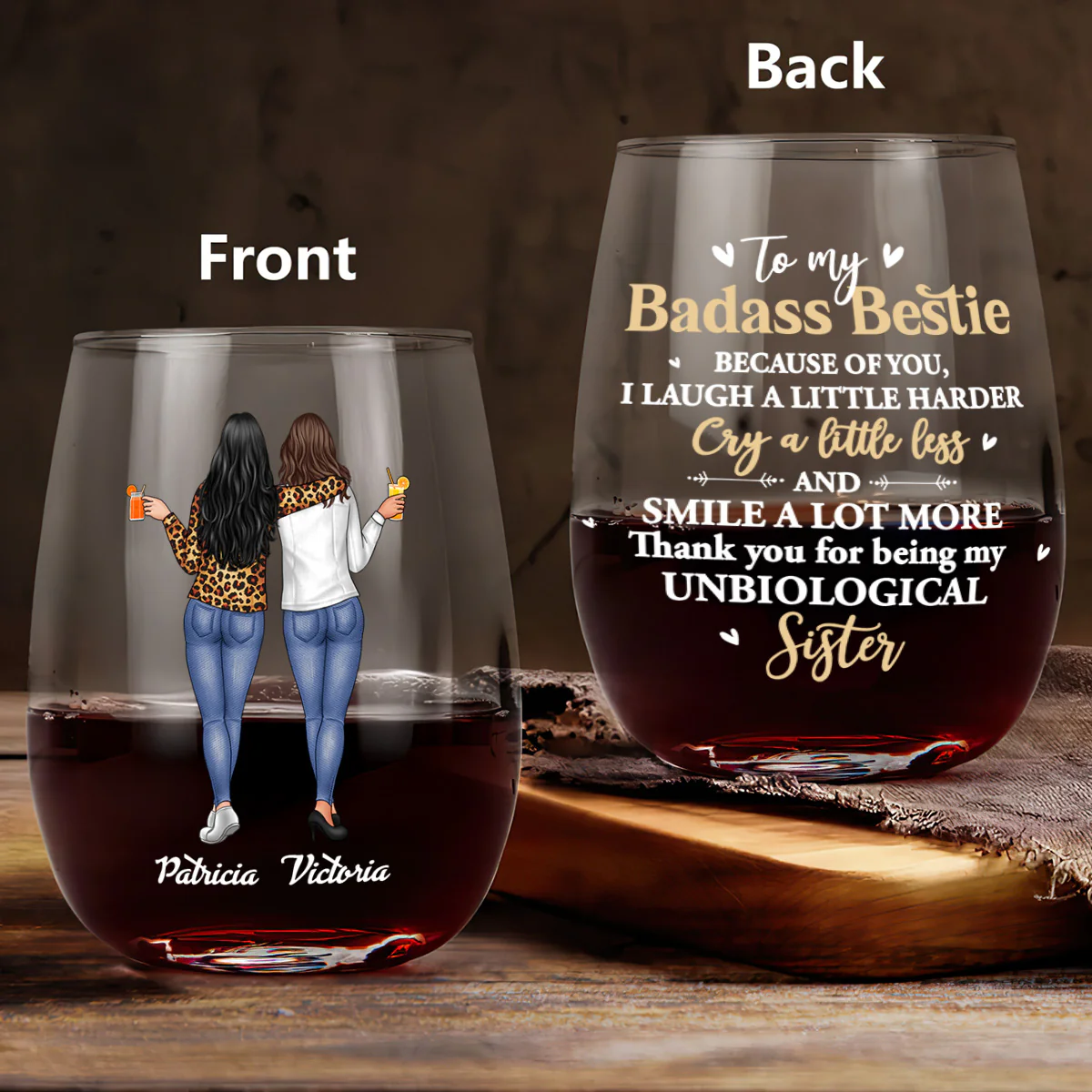 Because Of You I Laugh A Little Harder - Personalized Stemless Wine Glass - Image 3