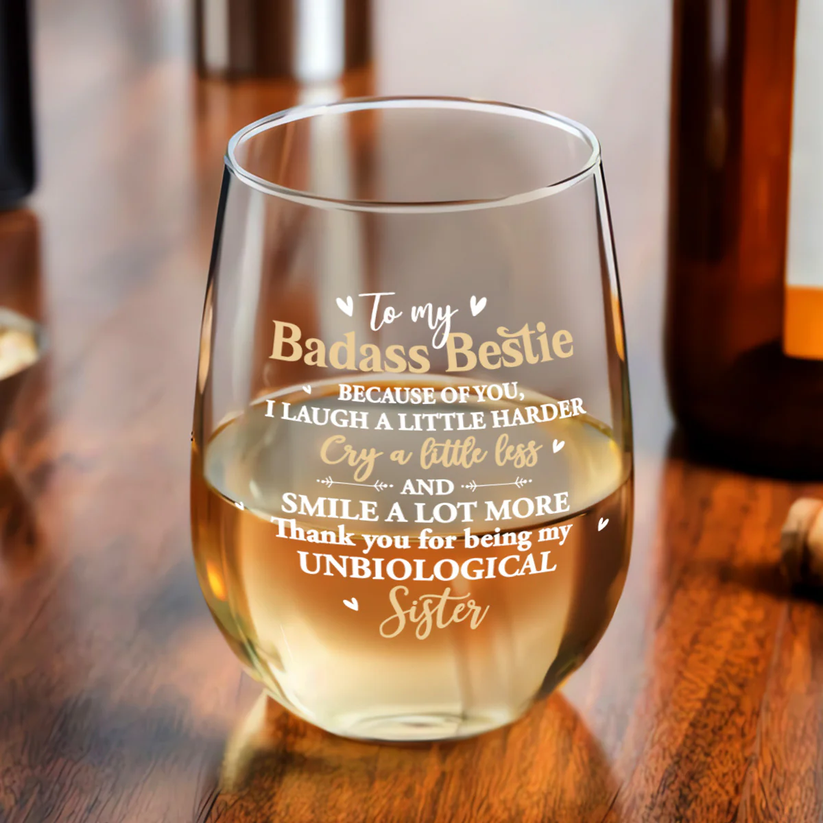 Because Of You I Laugh A Little Harder - Personalized Stemless Wine Glass - Image 4