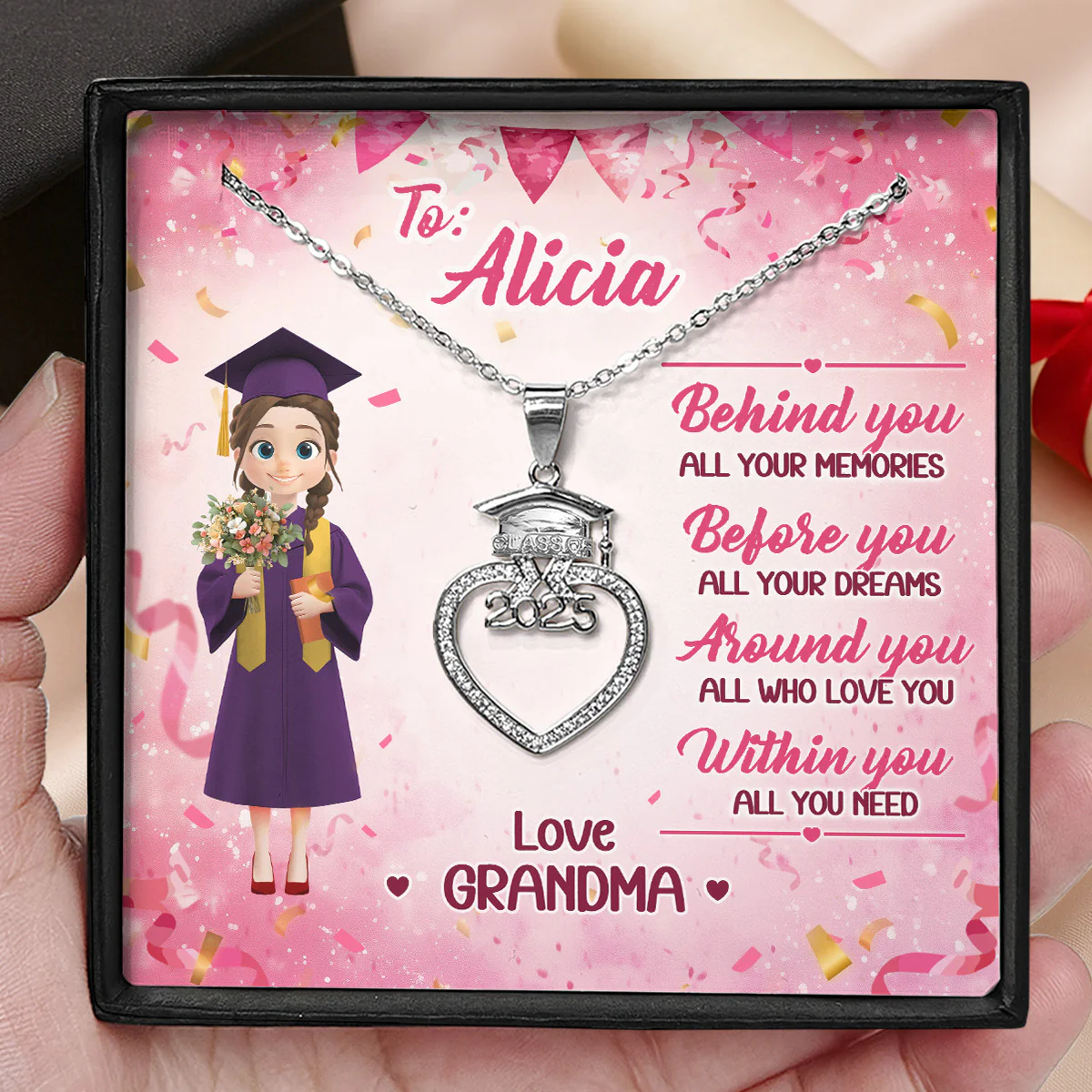 Before You All Your Dreams - Personalized Grad Cap Heart Necklace With Box&Card - Image 3