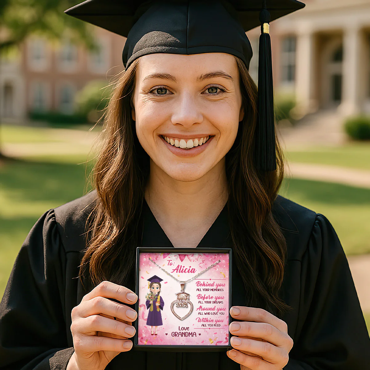Before You All Your Dreams - Personalized Grad Cap Heart Necklace With Box&Card - Image 4