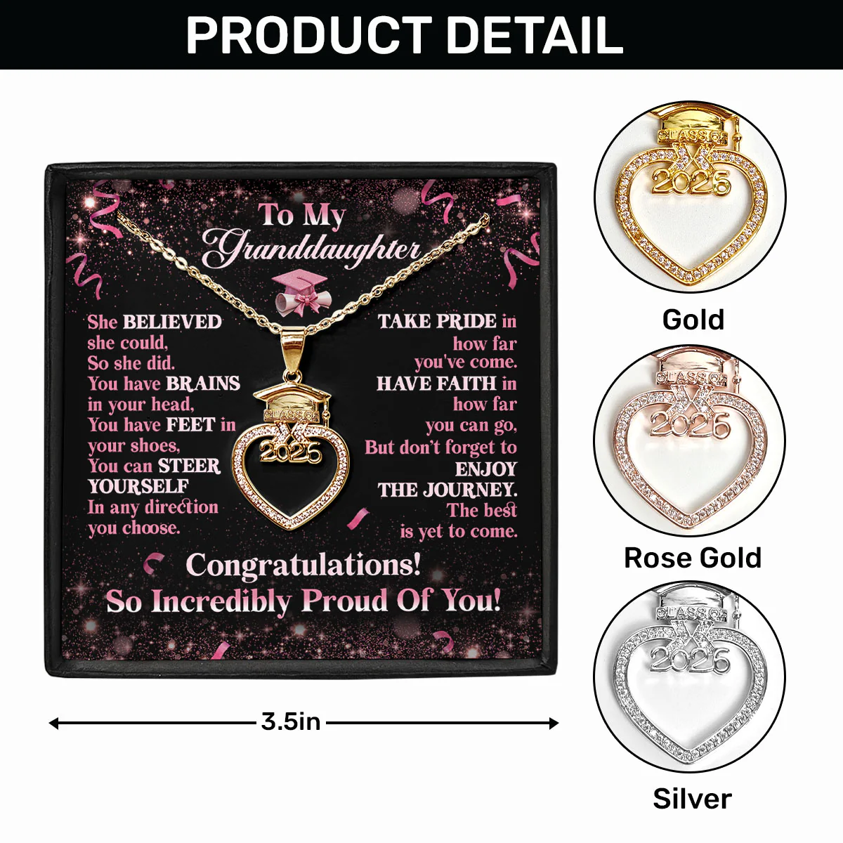 Believe, Achieve, Enjoy The Journey - Personalized Grad Cap Heart Necklace With Box & Card 2026 - Image 6