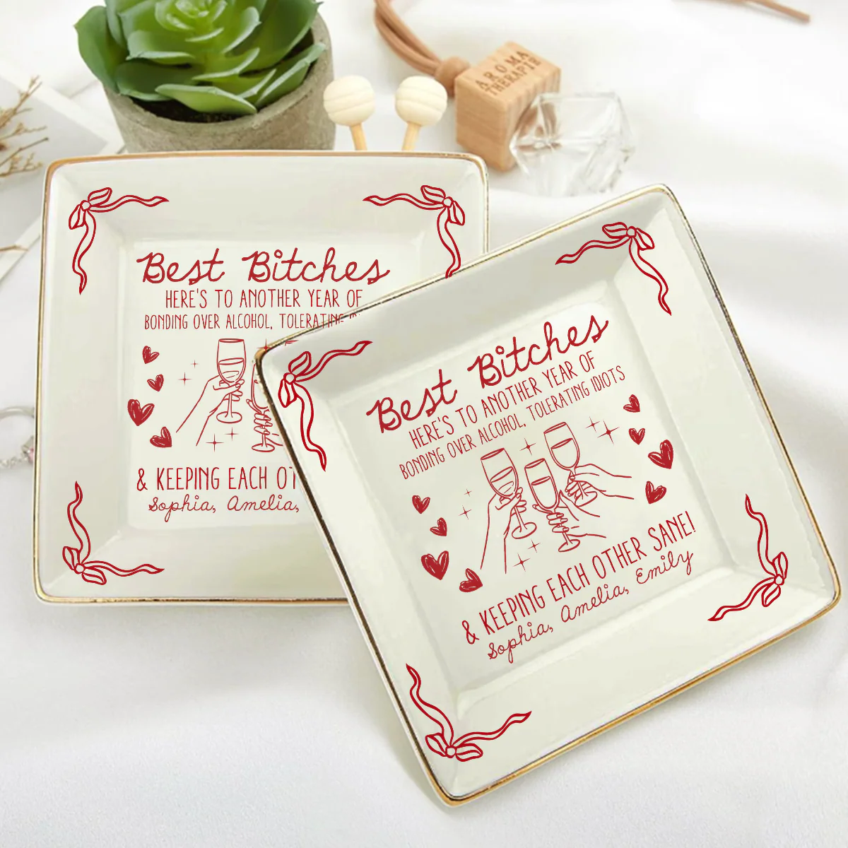 Best B*tches Here's To Another Year Of Us Laughing At Our Own Jokes - Personalized Ceramic Ring Dish Square - Image 5