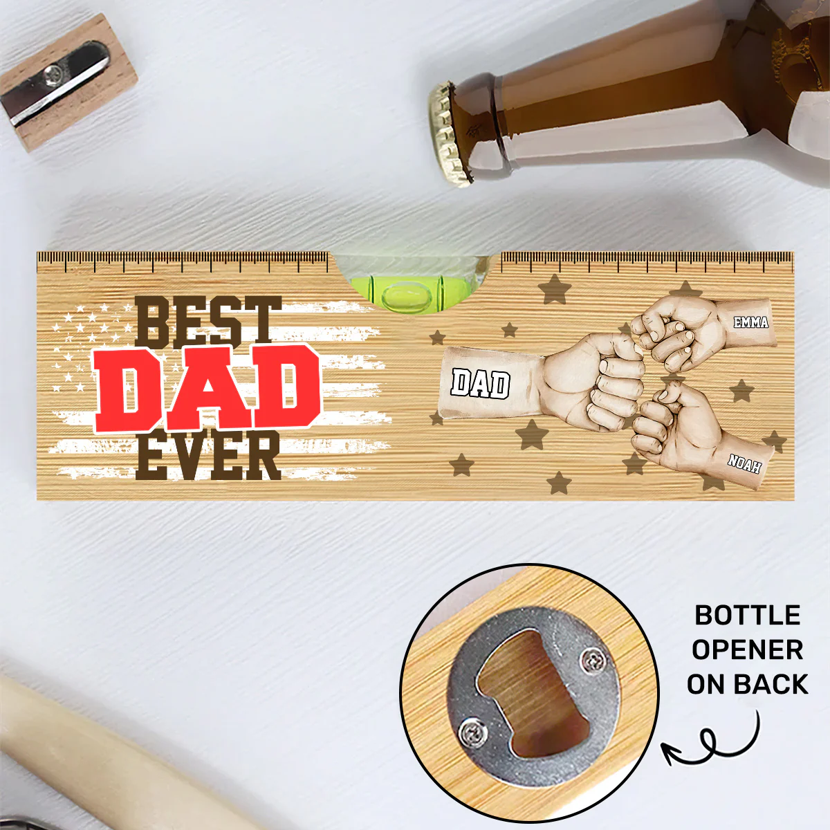 Best Dad Ever - Personalized Wooden Spirit Level Bottle Opener