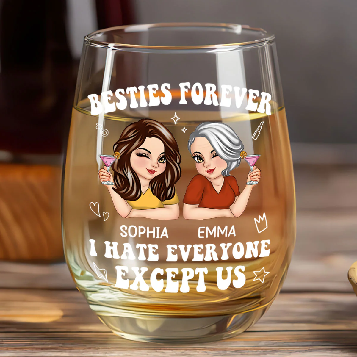 Bestie I Hate Everyone Except Us - Personalized Stemless Wine Glass - Image 6