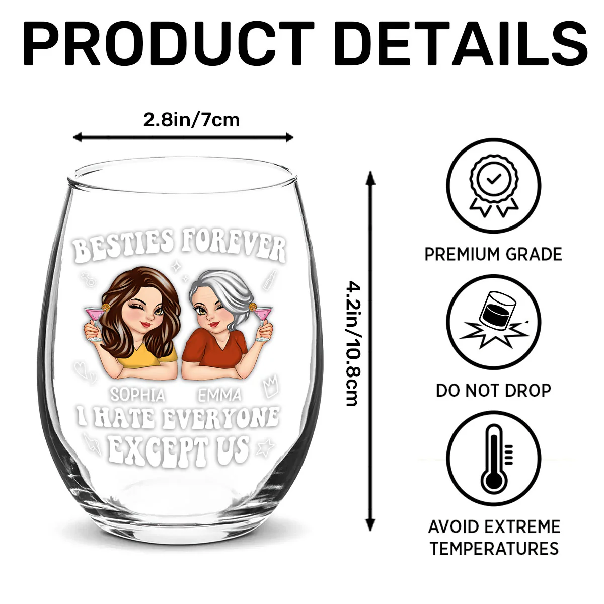 Bestie I Hate Everyone Except Us - Personalized Stemless Wine Glass - Image 7