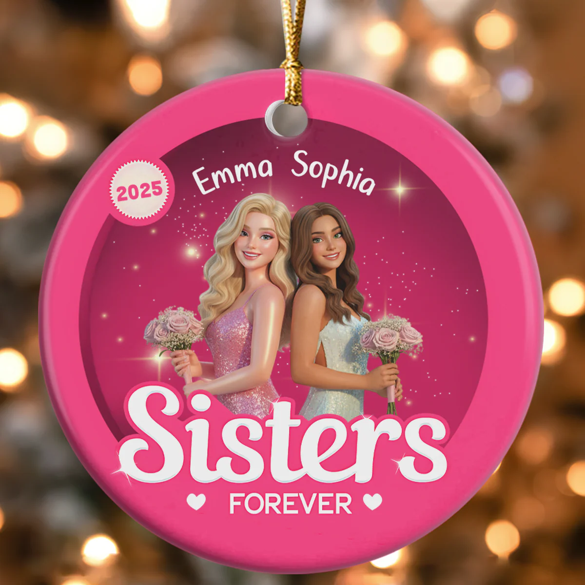 Besties Forever - Personalized Round Shaped Ceramic Ornament - Image 3