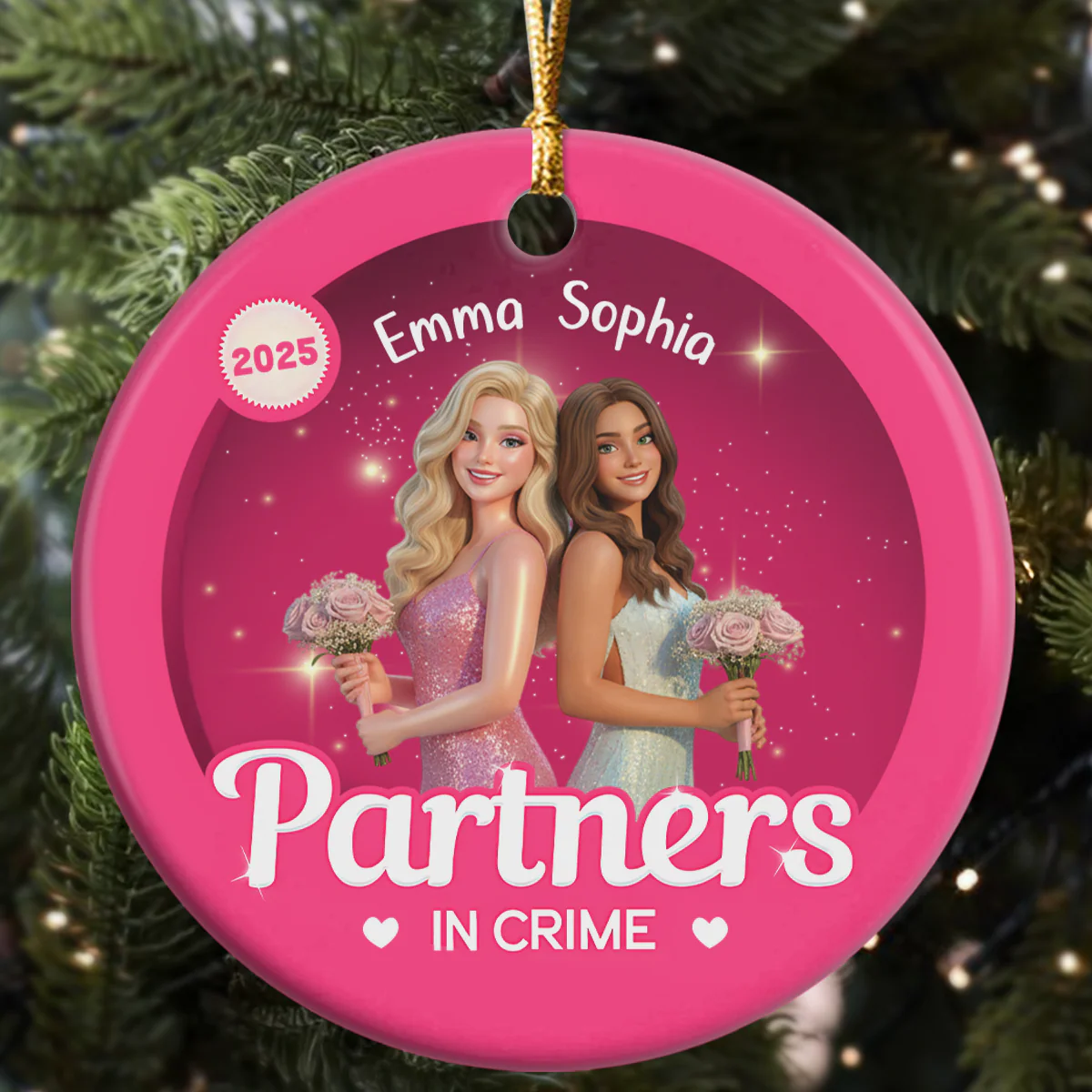 Besties Forever - Personalized Round Shaped Ceramic Ornament - Image 4