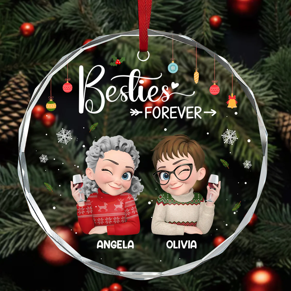 Besties Forever - Personalized Round Shaped Glass Ornament - Image 3