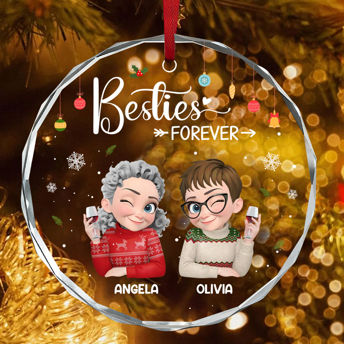 Besties Forever - Personalized Round Shaped Glass Ornament - Image 4