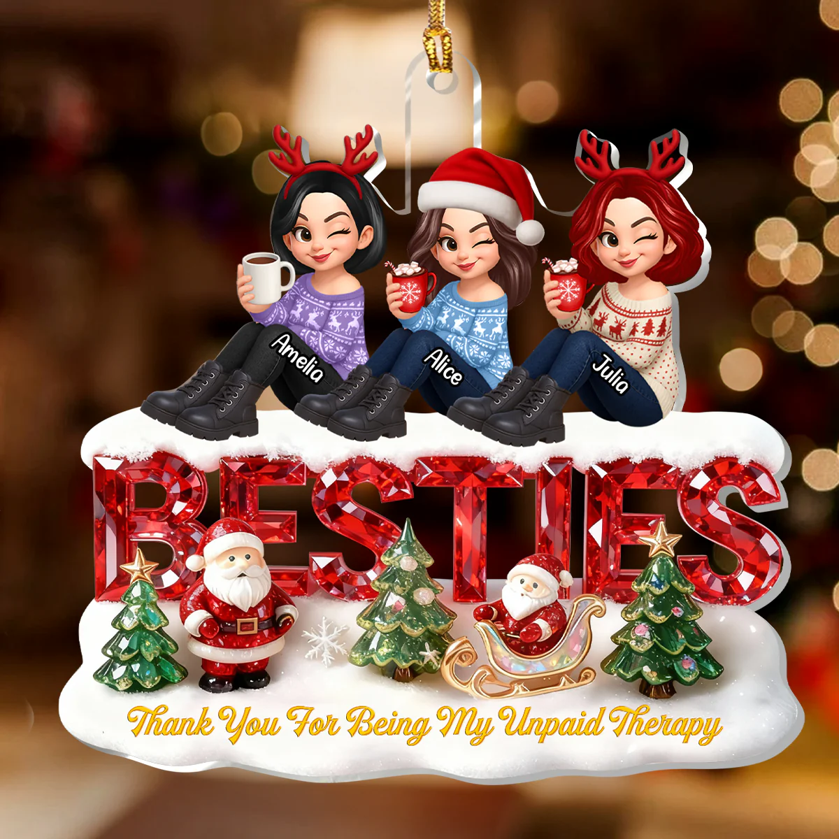 Besties Sisters Thank You For Being My Unpaid Therapy - Personalized 1-Layer Acrylic Ornament - Image 4