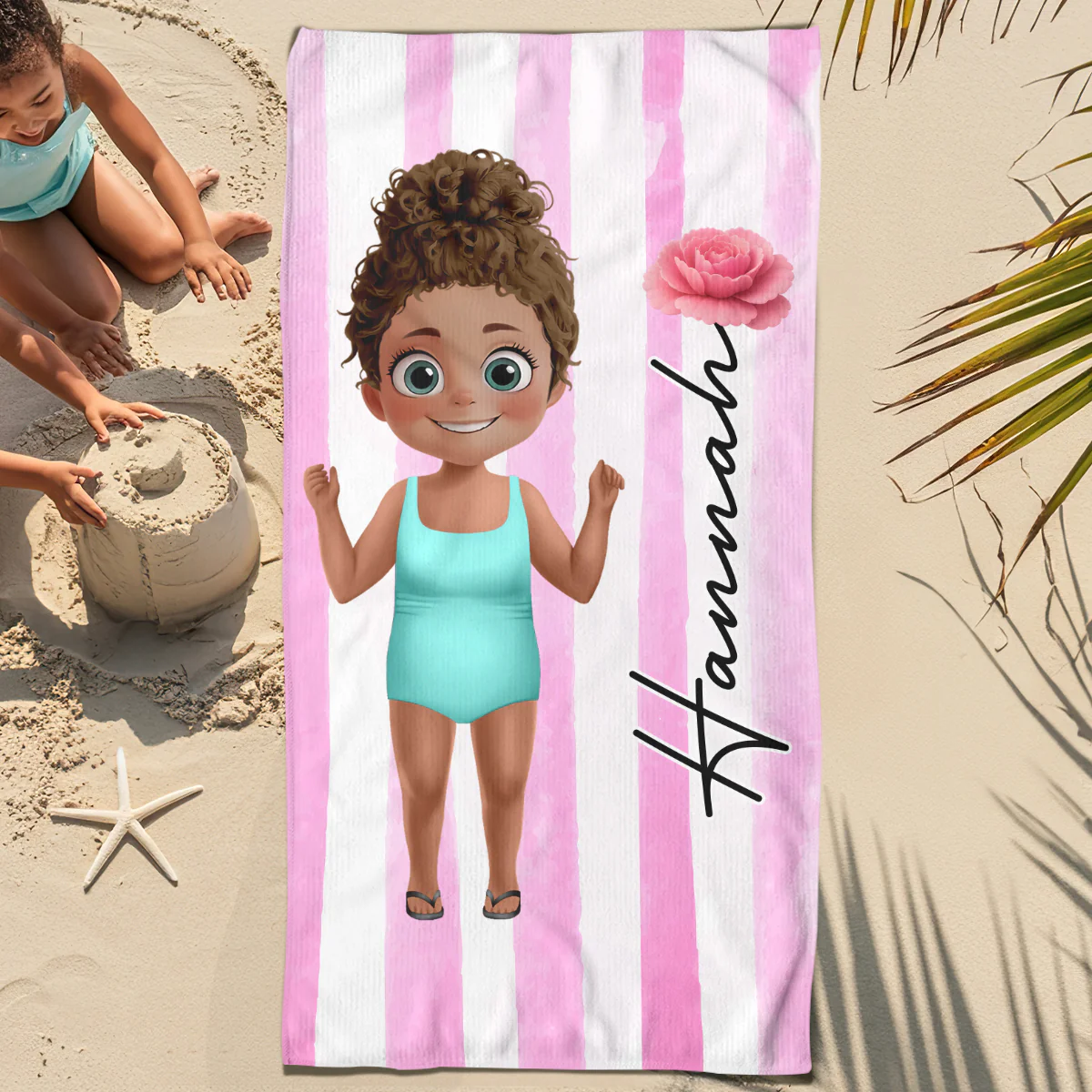 Birth Flower Cartoon - Personalized Beach Towel
