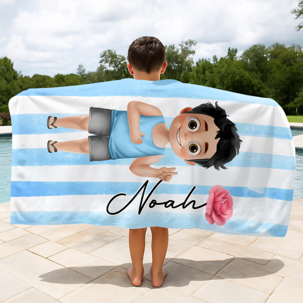 Birth Flower Cartoon - Personalized Beach Towel - Image 3