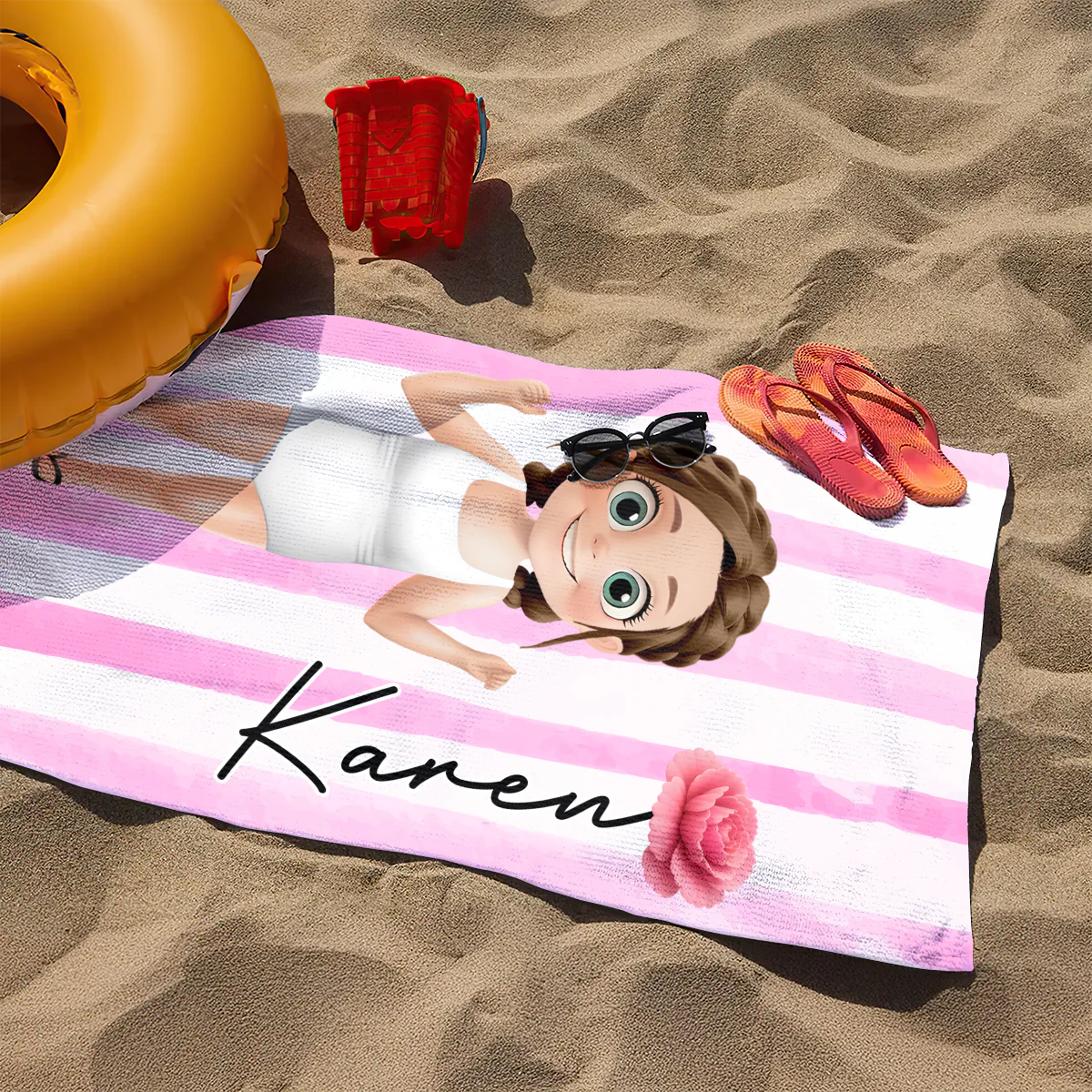Birth Flower Cartoon - Personalized Beach Towel - Image 4