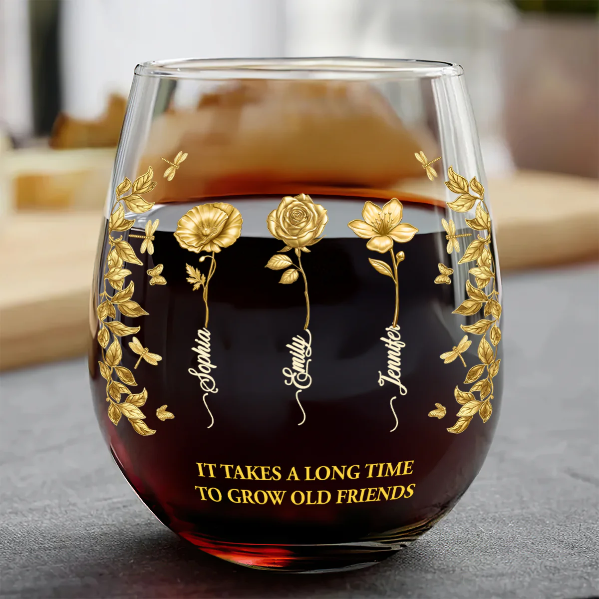 Birth Flower Grow An Old Friend Bestie - Personalized Stemless Wine Glass