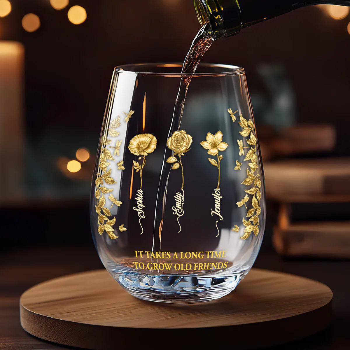 Birth Flower Grow An Old Friend Bestie - Personalized Stemless Wine Glass - Image 2