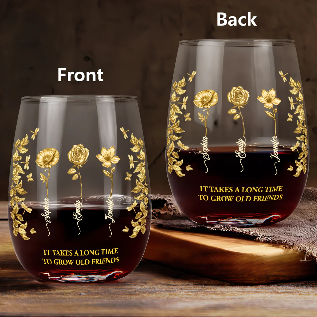 Birth Flower Grow An Old Friend Bestie - Personalized Stemless Wine Glass - Image 3