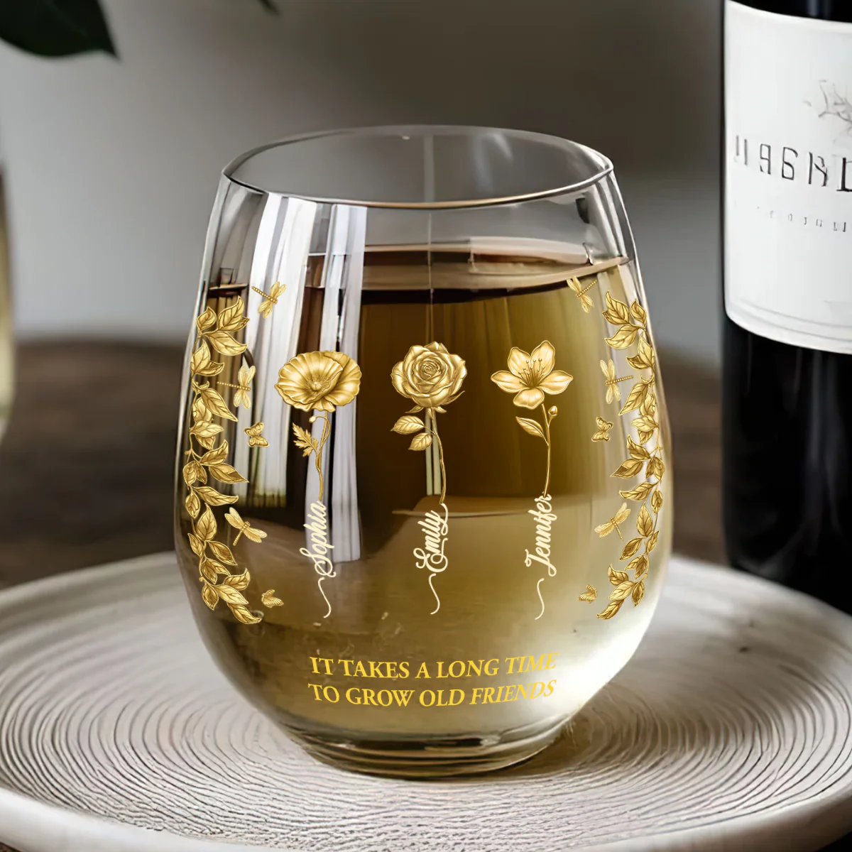 Birth Flower Grow An Old Friend Bestie - Personalized Stemless Wine Glass - Image 5
