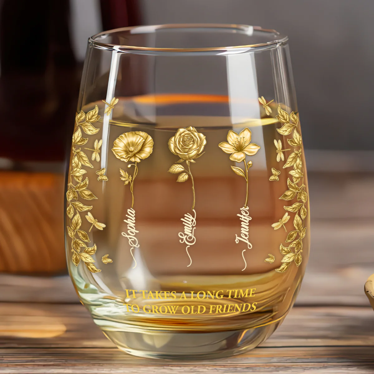 Birth Flower Grow An Old Friend Bestie - Personalized Stemless Wine Glass - Image 6