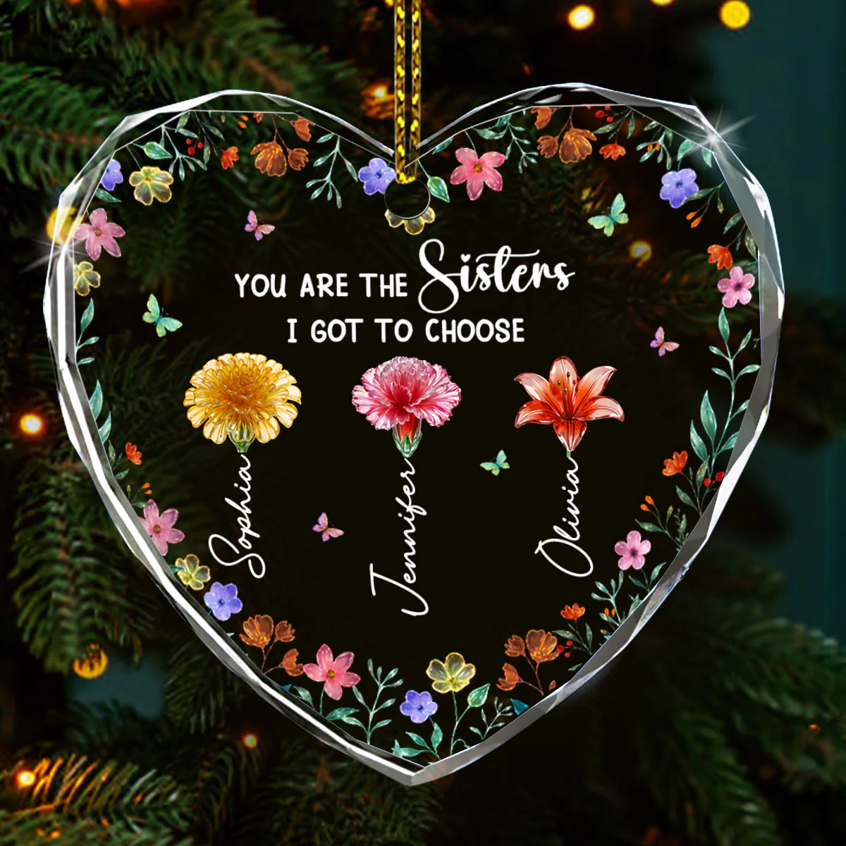Blooming Sisters - Personalized Heart Shaped Glass Ornament - Image 2
